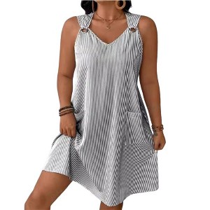 Women's Summer Striped V - Neck Sleeveless Dress Grommet Straps and Pocket Design - 1 of 4
