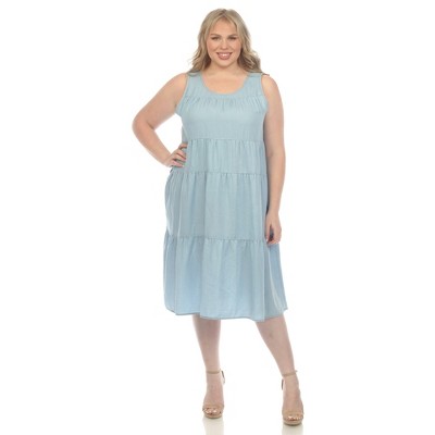 White Mark Plus Size Sleeveless Tiered Chambray Midi Dress