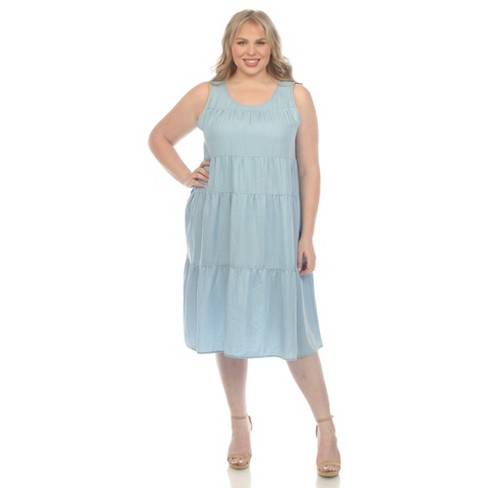 White Mark Plus Size Sleeveless Tiered Chambray Midi Dress - image 1 of 4