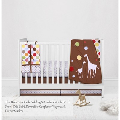 Bacati - Baby & Me Giraffe, Orange/Green/Blue/Red/Brown 4 pc Crib Bedding Set with Diaper Caddy