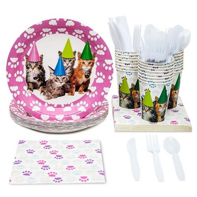 Juvale Cat Birthday Party Supplies, Disposable Tableware (Serves 24, 144 Pieces)