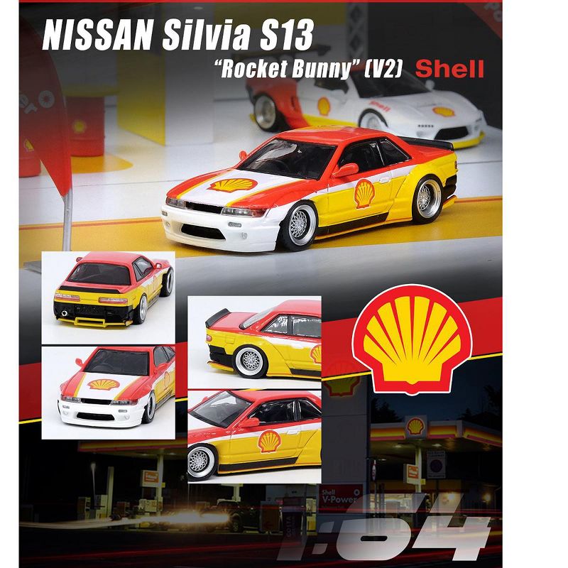 Nissan Silvia S13 Rocket Bunny V2 RHD (Right Hand Drive) Yellow and Red with White "Shell" 1/64 Diecast Model Car by Inno Models, 3 of 4