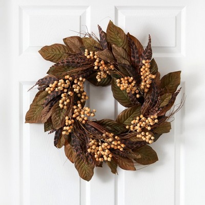 24-inch Autumn Berry and Feather Artificial Wreath