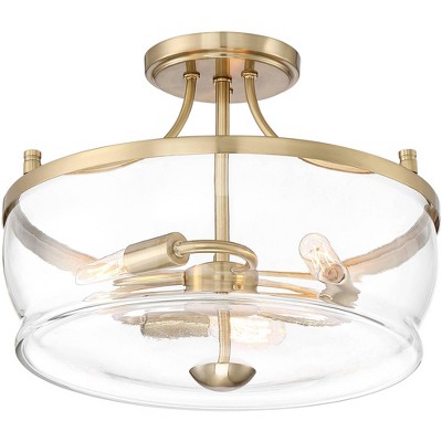 Possini Euro Design Modern Ceiling Light Semi Flush Mount Fixture Warm Brass 14" Wide Clear Glass for Bedroom Kitchen Living Room