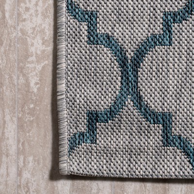 Gray and Teal Trellis Flat Woven Synthetic Rug