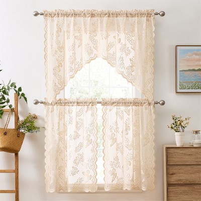 HLC.ME Butterfly Floral Lace - Sheer 3 Piece Kitchen Curtains Set, Swag Valance + 36 inch Tiers Set