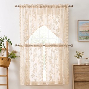 HLC.ME Butterfly Floral Lace - Sheer 3 Piece Kitchen Curtains Set, Swag Valance + 36 inch Tiers Set - 1 of 4