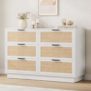 Rattan 6 Drawer Dresser, 47in Wide White 6 Chest of Drawers with Metal Handles and Wooden Sturdy Base for Bedroom Living Room Office - 1 of 4