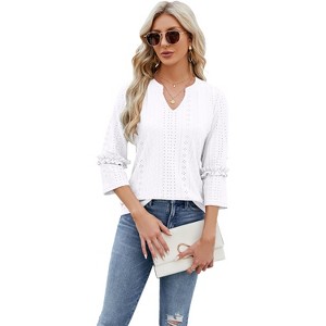 Coolmee Women's V Neck 3/4 Sleeve Tops Dressy Casual Lace Hollow Loose Blouse T Shirts - 1 of 4
