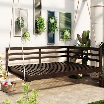 Full Size Acacia Wood Outdoor Swing Bed with 96'' Hemp Ropes, Open-Side Minimalist Design, 350lbs Capacity - Coolbibila