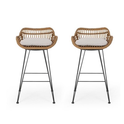 DSVIMOY Counter and Bar Stool Modern Rattan Barstools with Water Resistant Cushions for Patio, Brown and Beige, 37.75"*23"*22.75"