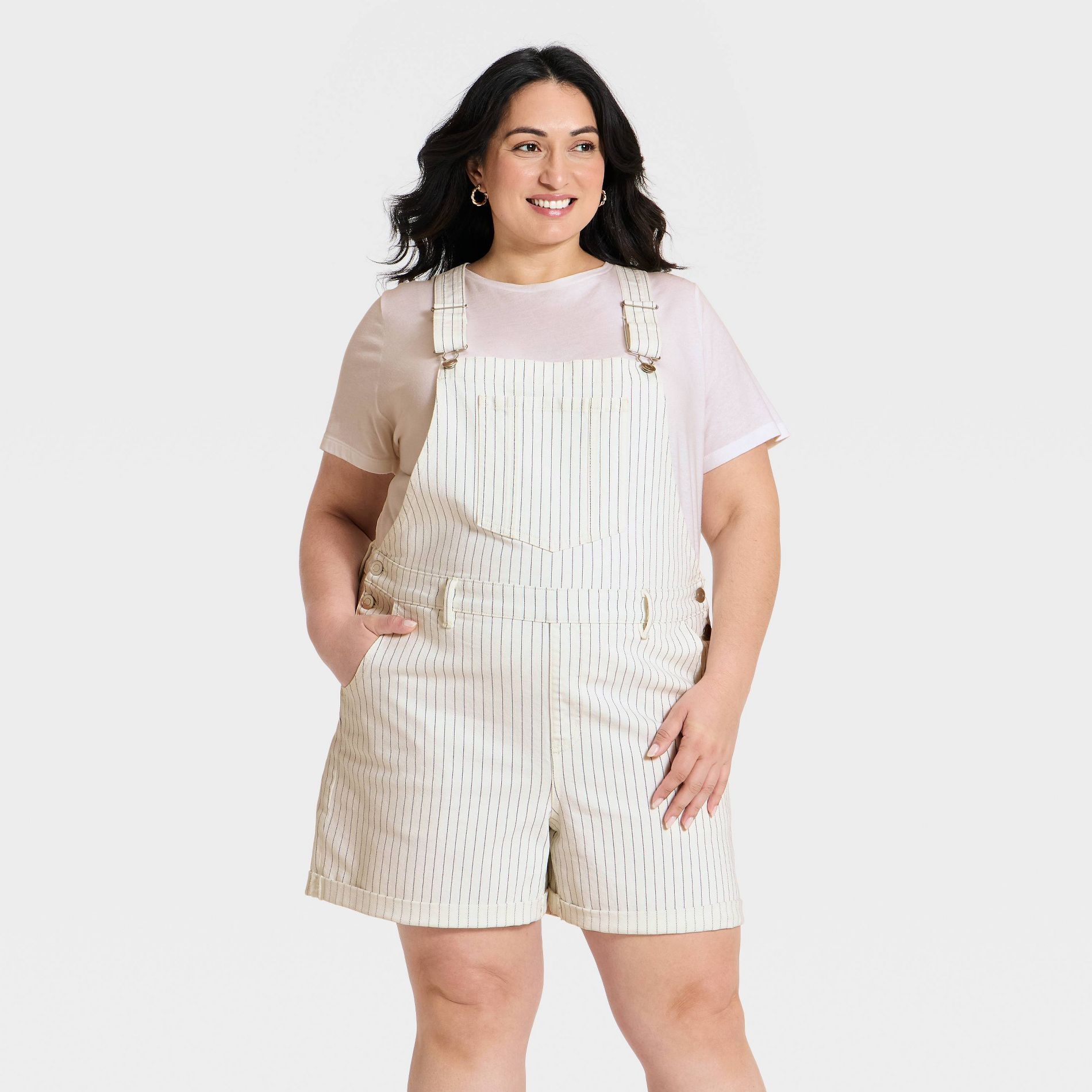 Women's Denim Shortall Romper - Ava & Viv™ Off-White Pinstripe