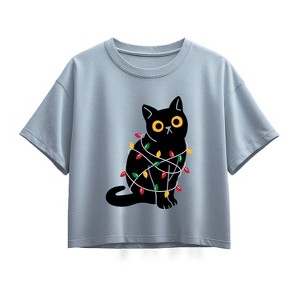 Girls' - Instant Message - Cat Wrapped In Christmas Lights Short Sleeve Boxy Graphic T-Shirt - 1 of 2