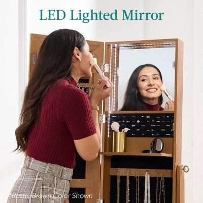 White 360 Swivel Standing Mirrored Jewelry Cabinet with LED Lights