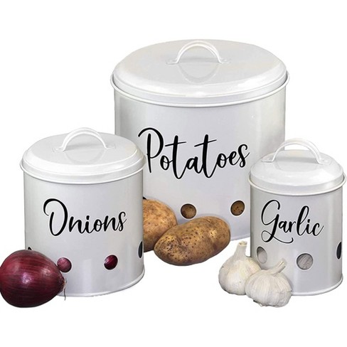 Home Acre Designs White Farmhouse Style Vented Vegetable Storage Containers  Steel Canisters with Lids, Set of 3, Potato, Onion, Garlic
