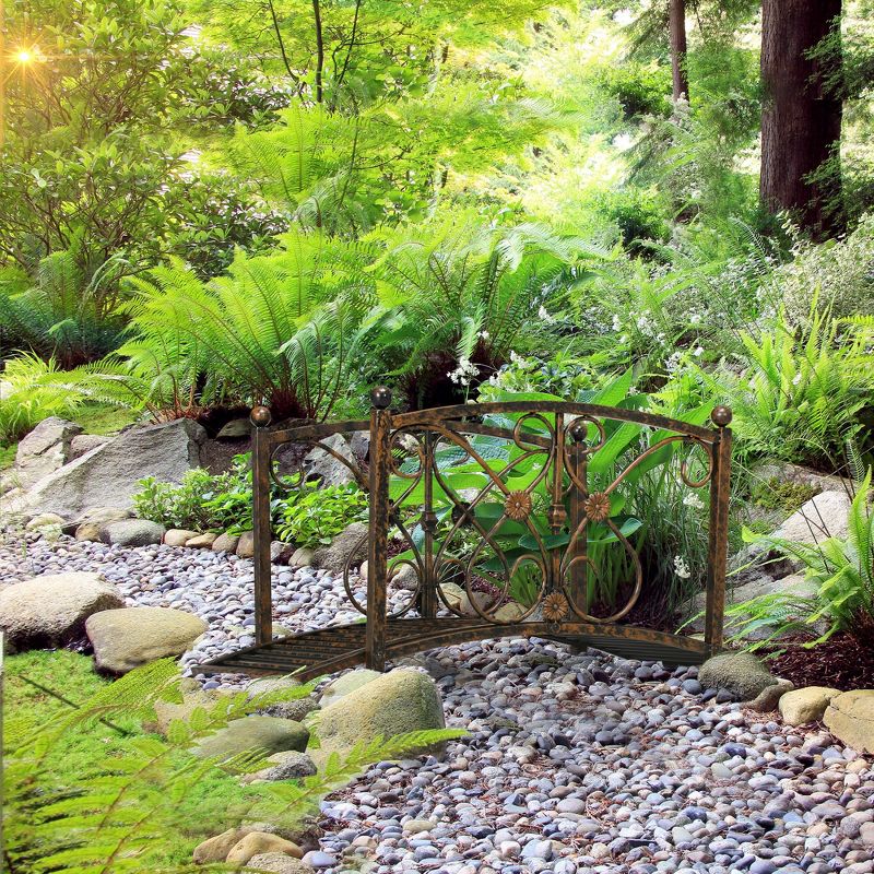 Outsunny 3.3FT Metal Arch Zen Garden Bridge with Safety Siderails, Decorative Footbridge, Delicate Floral Scrollwork for Stream, Fish Pond, 2 of 7
