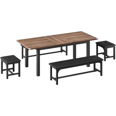 Extendable Dining Table Set for 6-8 People, Large 63" Wood Table with 2 Benches & 2 Stools, Space-Saving Kitchen Furniture for Small Homes