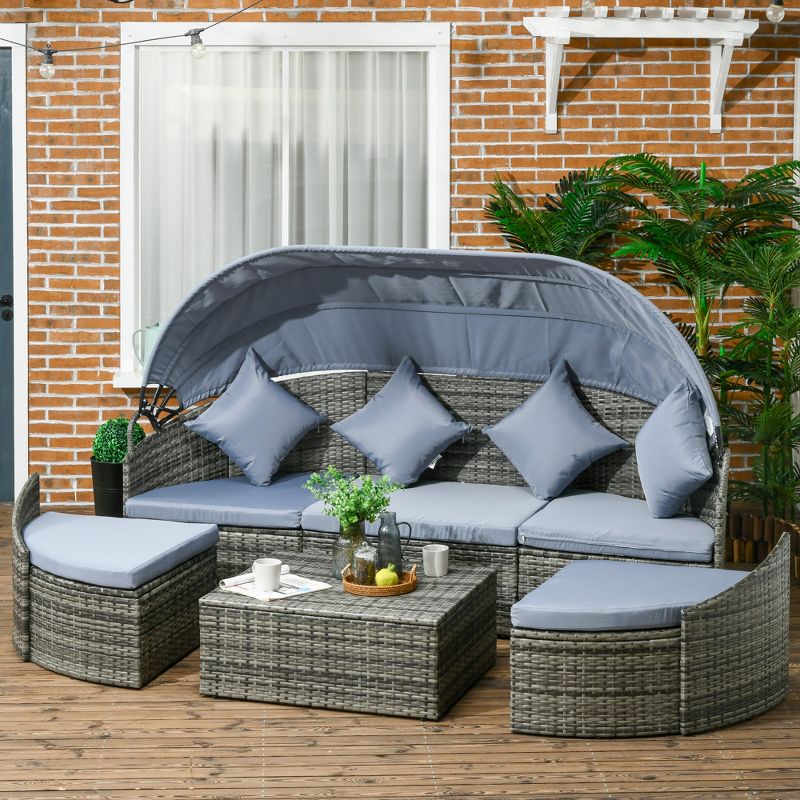 Outsunny Outdoor Round Daybed 4 Pieces Wicker Outdoor Rattan Sofa with Canopy, Cushions, Pillows Patio Bed Sets for Garden Backyard, 4 of 8