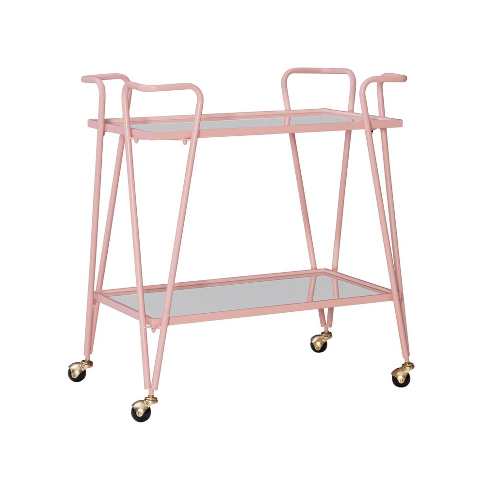 Mid-Century Modern Iron Frame 2 Mirrored Glass Shelves Locking Wheels Bar Cart Pink - Linon