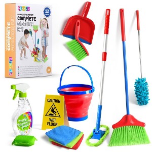 Kids Toy Cleaning Set 12 Piece - Broom, Mop, Brush, Dust Pan, Duster, Sponge, Clothes, Spray, Bucket, Caution Sign, Toddler Cleaning Set - Play22Usa - 1 of 4