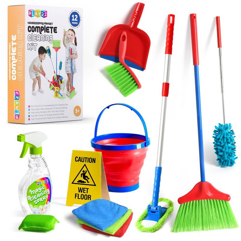 Kids Toy Cleaning Set 12 Piece - Broom, Mop, Brush, Dust Pan, Duster, Sponge, Clothes, Spray, Bucket, Caution Sign, Toddler Cleaning Set - Play22Usa, 1 of 8