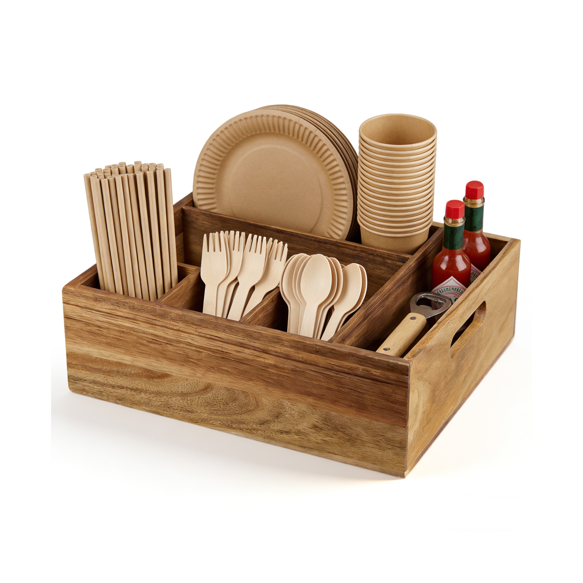 Acacia Wood Utensil Holder for Countertop - 6-Compartment Paper Plate & Cutlery Organizer for Kitchen, Buffet, Party, Camping