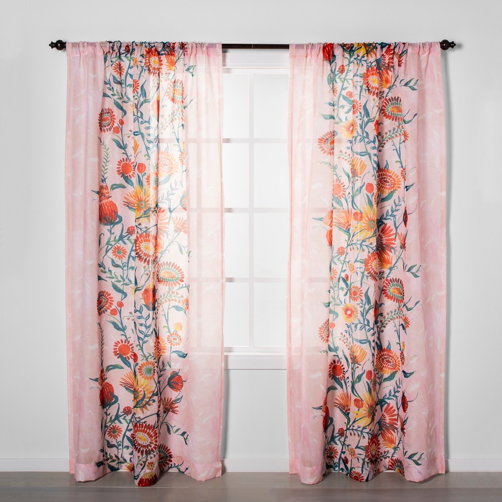 84"x54" Floral Daisy Sheer Window Curtain Panels Pink - Opalhouse , Adult Unisex, Blue Orange Pink (Set of 2)