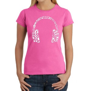 LA Pop Art Women's Word Art T-Shirt - Music Note Headphones - 1 of 4