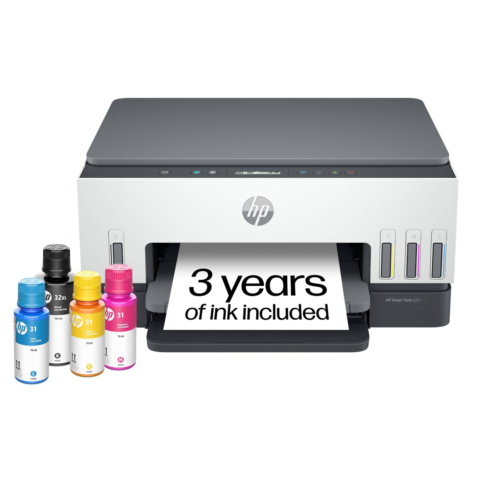 HP Smart Tank 6001 Wireless All-In-One Color Refillable Supertank Printer, Scanner, Copier - White (2H0B9A): Inkjet, Wi-Fi, USB