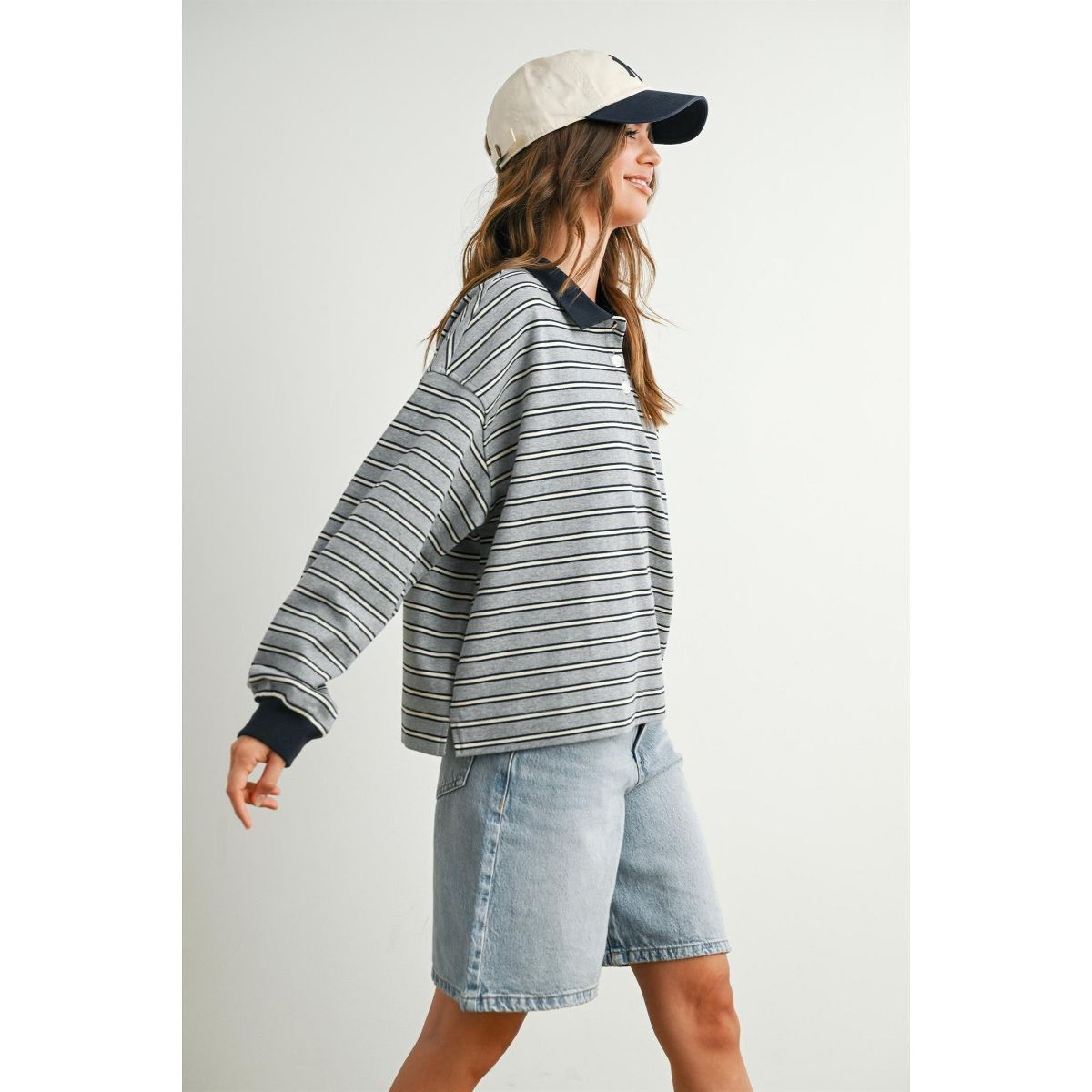 BUTTERMELON Womens Quarter-Button Striped Collared Long Sleeve Top - thumbnail 5