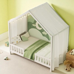 Mshliw Montessori Floor Bed with Canopy and Sheer Curtains, Twin/Full Wooden House Bed Frame,Toddler Bed with Railings, Kids Platform Bed with Roof - 1 of 4