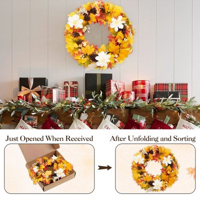 24" Fall Wreath - Artificial Fall Wreaths with Maple Leaves, Berries & Pinecones, Autumn Wreaths for Front Door, Harvest Festival Indoor Home Decor,