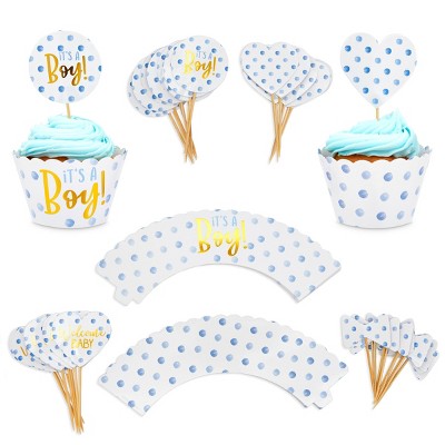 Sparkle and Bash 96 Pieces Blue Gender Reveal Cupcake Toppers & Wrappers, It's A Boy (3.15 In)