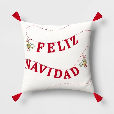'Feliz Navidad' Embroidered Applique Christmas Square Throw Pillow Cream - Threshold™