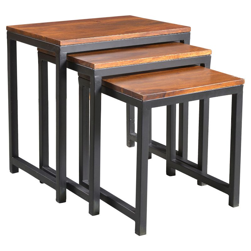 3pc Reclaimed Sheesham Wood and Iron Nesting Table Set Natural- Timbergirl, 1 of 10
