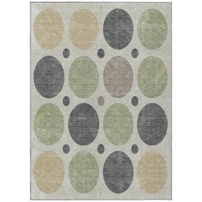 Beige Artichoke Green And Charcoal Geometric Washable Indoor Outdoor Area Rug