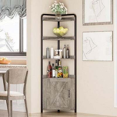 70.9" Farmhouse Corner Cabinet w/ Door, 5-Tier Storage Shelf w/ Protective Fence for Kitchen, Living Room, Grey