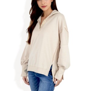 Anna-Kaci Women's Long Sleeve Pullover Hoodie with Button Neck and Raw Hem Detail - 1 of 4