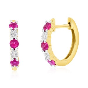 Classic Gold 14K Yellow Gold, Round 0.34ct Ruby, Diamond Hoop Earrings - (10 Stones) - Red - 1 of 2
