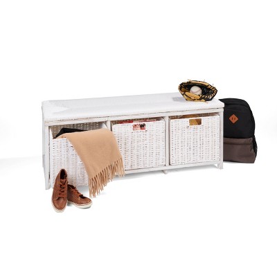 White Pine Wicker-Style Kid's Storage Bench with Baskets