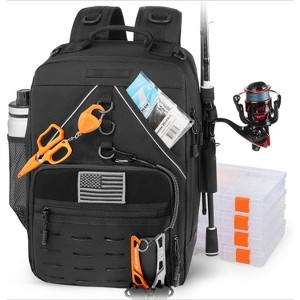 Fishing Tackle Backpack with Rod Holder 4 Tackle Boxes, Storage Fishing Gear and Equipment - 1 of 4