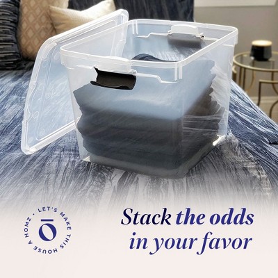 Clear Stackable Plastic Storage Bins with Gray Handles, 31 Quart, Set of 4