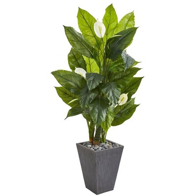 Nearly Natural 63-in Spathyfillum Artificial Plant in Slate Planter (Real Touch)