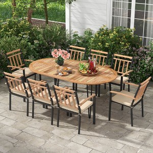 Costway 9 Pieces Outdoor Dining Set with Acacia Wood Top & Umbrella Hole Metal Frame - 1 of 4