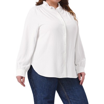 Agnes Orinda Women's Plus Size Ruffle Stand Collar Long Sleeve Curved Hem Business Work Office Button Down Shirt