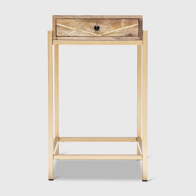 Sidney Beige Mango Wood and Gold Metal Storage Side Table