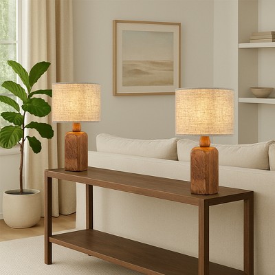 ALOADECOR Farmhouse Traditional Natural Brown Solid Wood Base Table Lamp with Beige Fabric Shade for Bedroom Living Room(2 Pack)