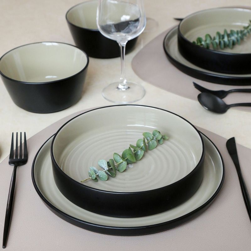 Stone Lain Elica 12-Piece Dinnerware Set Stoneware, Service for 4, Beige and Black, 2 of 8
