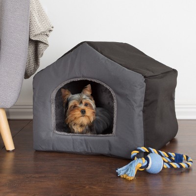 Small Gray Canvas House-Shaped Pet Bed with Sherpa Lining