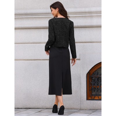 INSPIRE CHIC Women's Tweed Long Sleeve Button Down Collarless Elegant Cropped Jacket Black X-Small — фото 3
